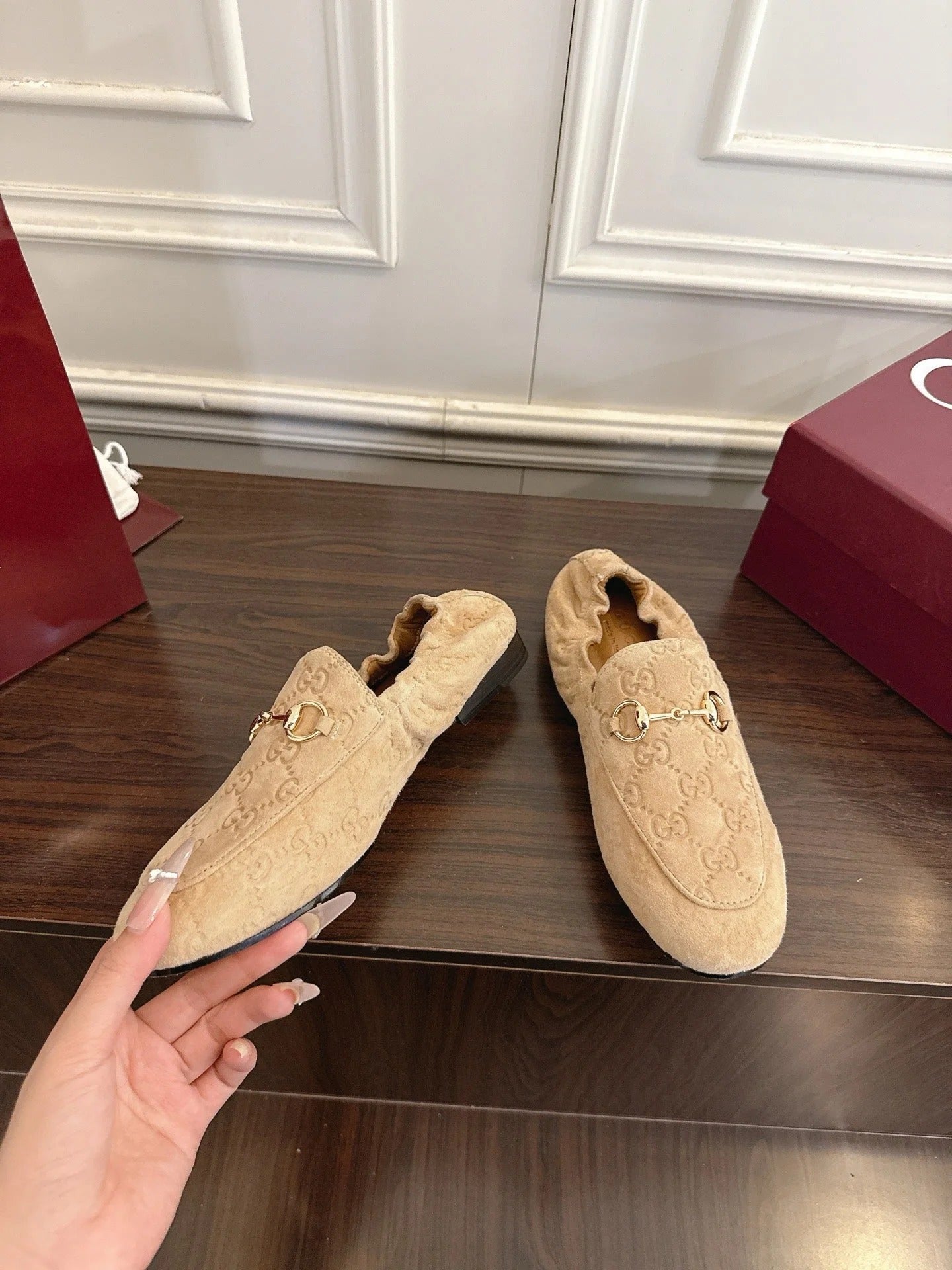 GG 26SS Loafers Beige Monogram Suede Leather 645961