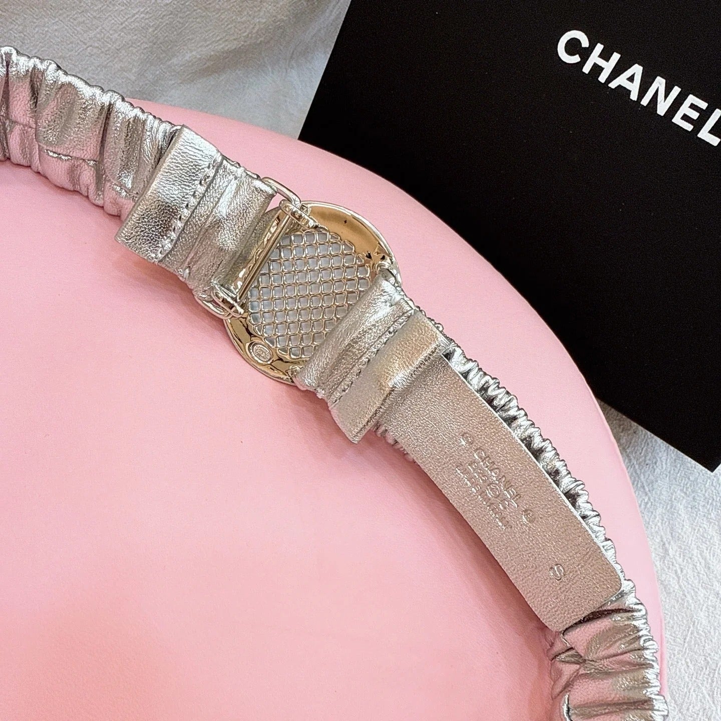 CC Elastic Waist Belt 3.0CM Sliver Metallic Calfskin Gold Buckle 196842