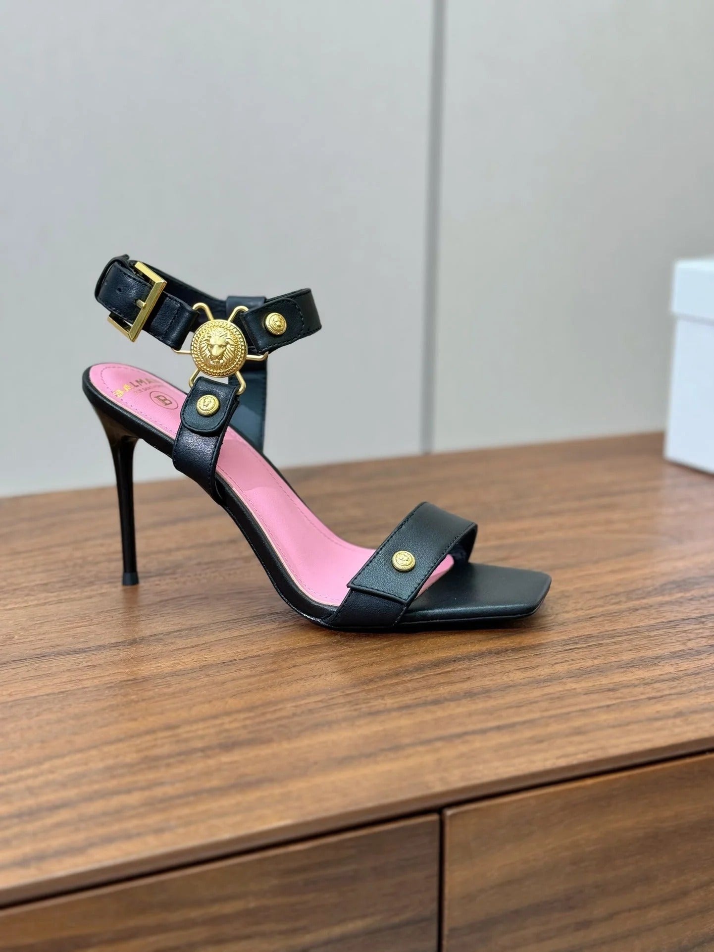 BALMAIN 25S HEELED EVA SANDALS 95MM IN BLACK AND PINK CALFSKIN