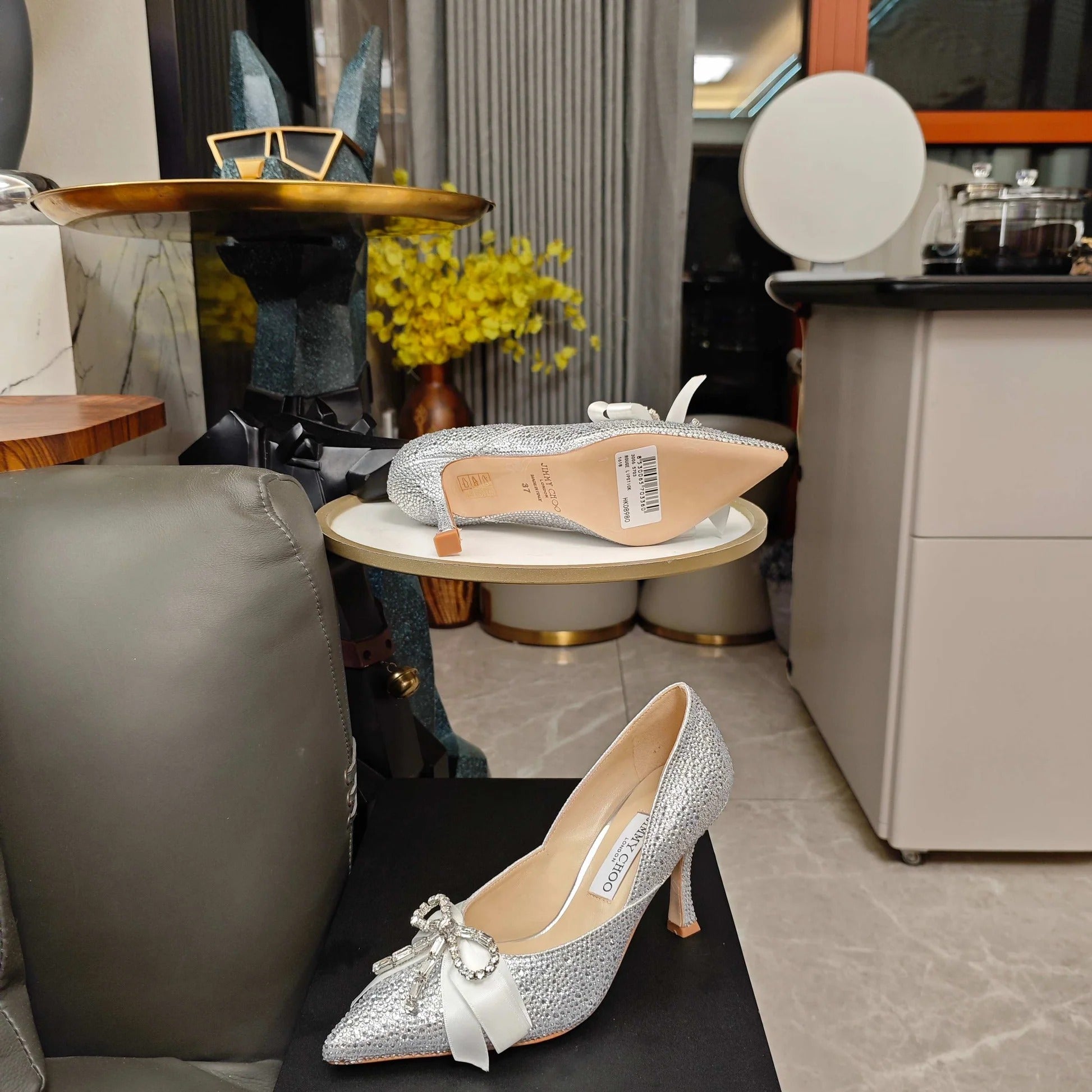 Jimmy 26s Crystal Pumps 85 Sliver Silk Satin Cowhide 596332