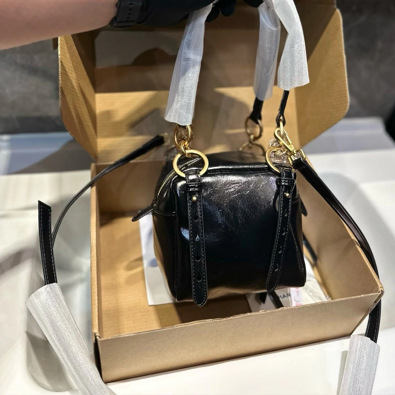 DANGLE TOP HANDLE MINI BAG 15 IN BLACK PATENT CALFSKIN