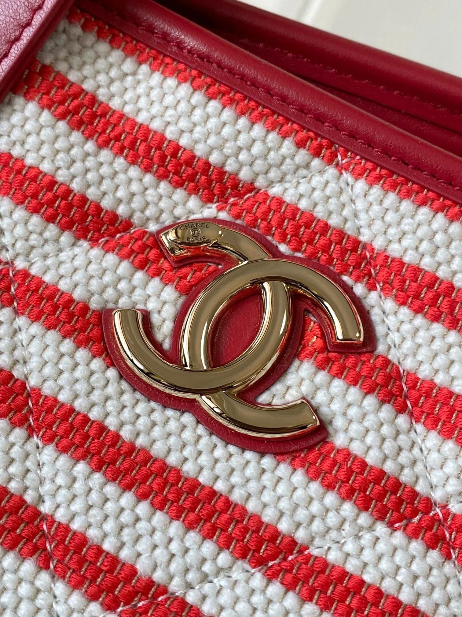 Chanel 2026 Deauville Tote Bag 46cm Red mix White Canvas Leather 331128