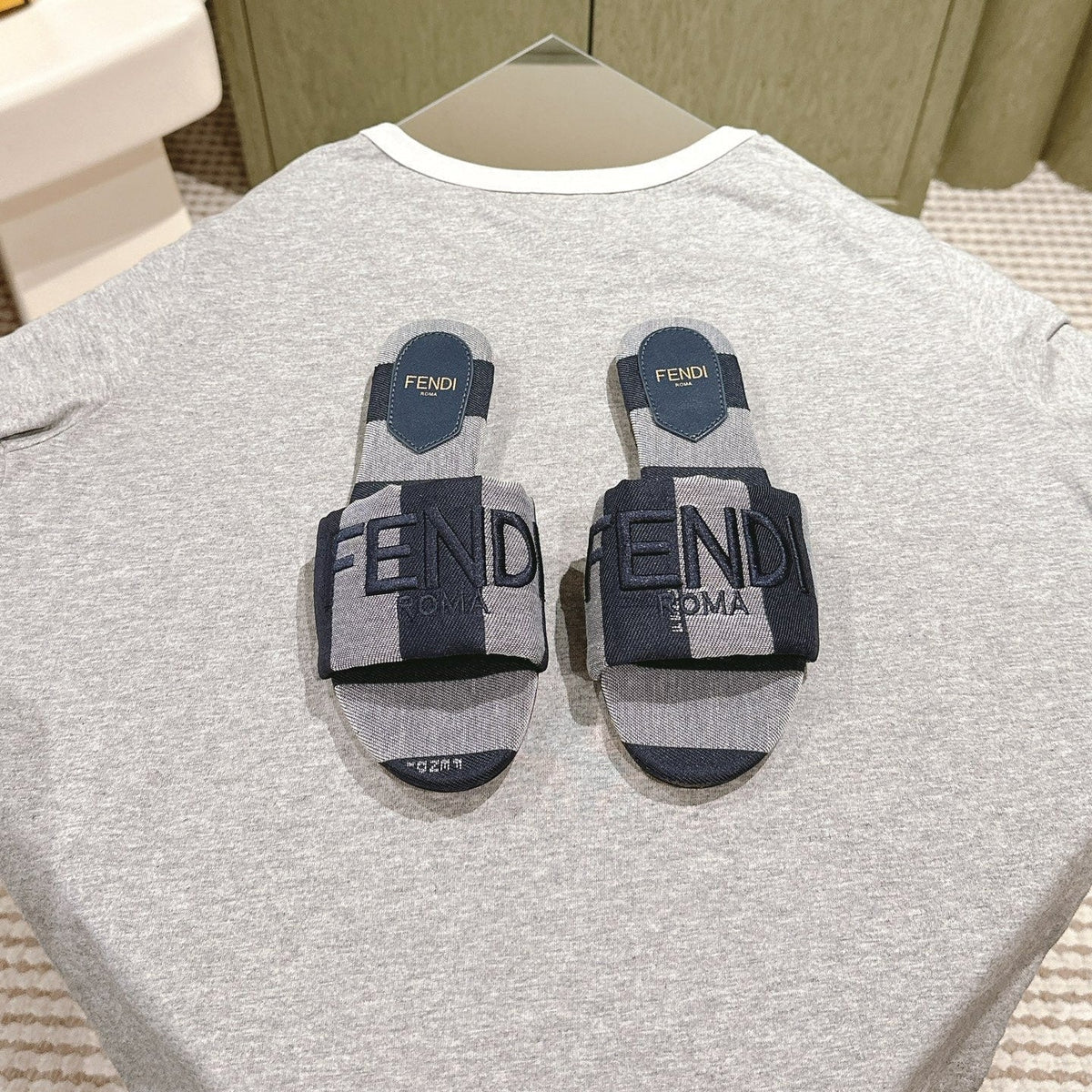 Fendi 26S Slide Sandals Dark Blue And Grey Canvas