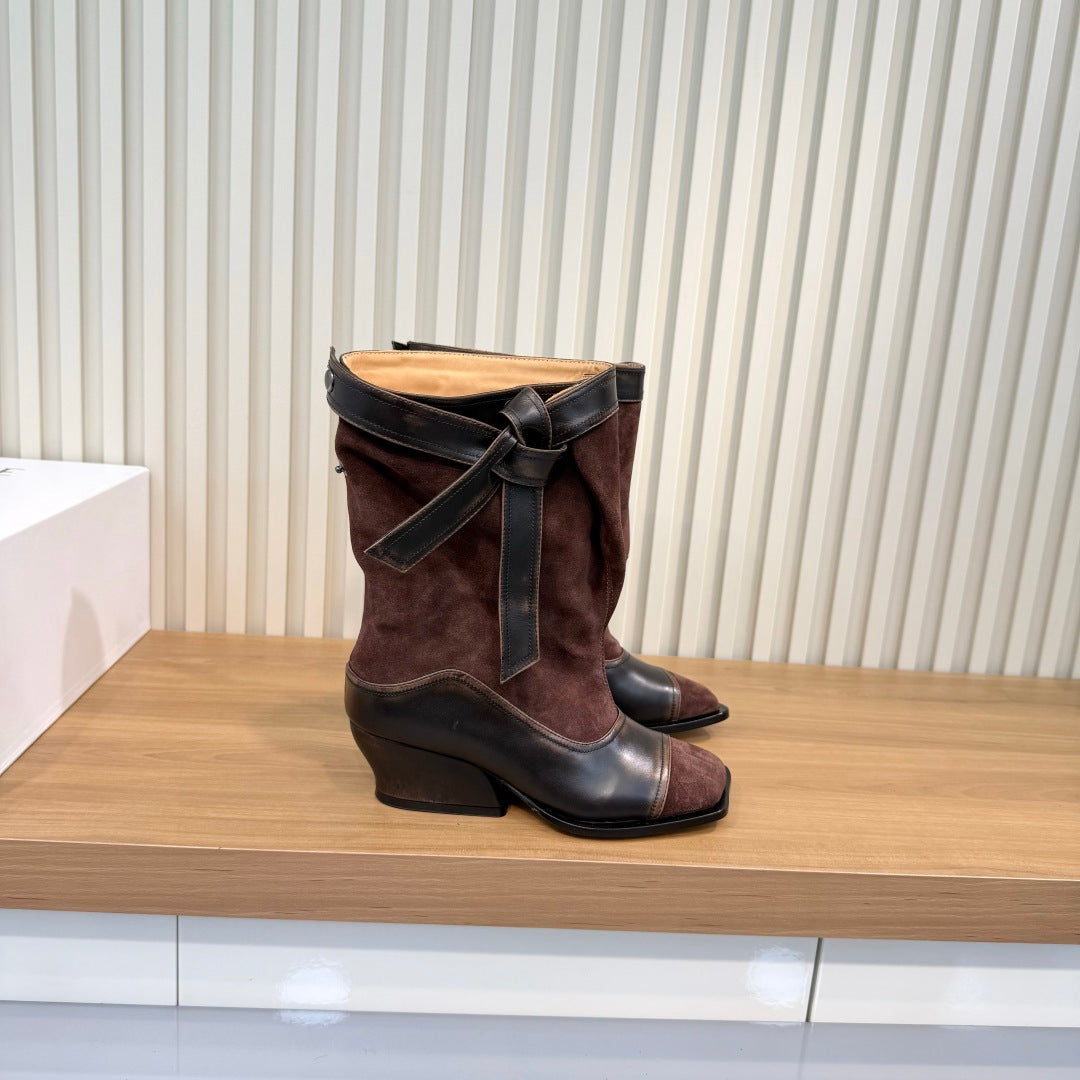 LW 26FW Mid-Calf Boots Square Toe Bow Detail Suede Leather 147547