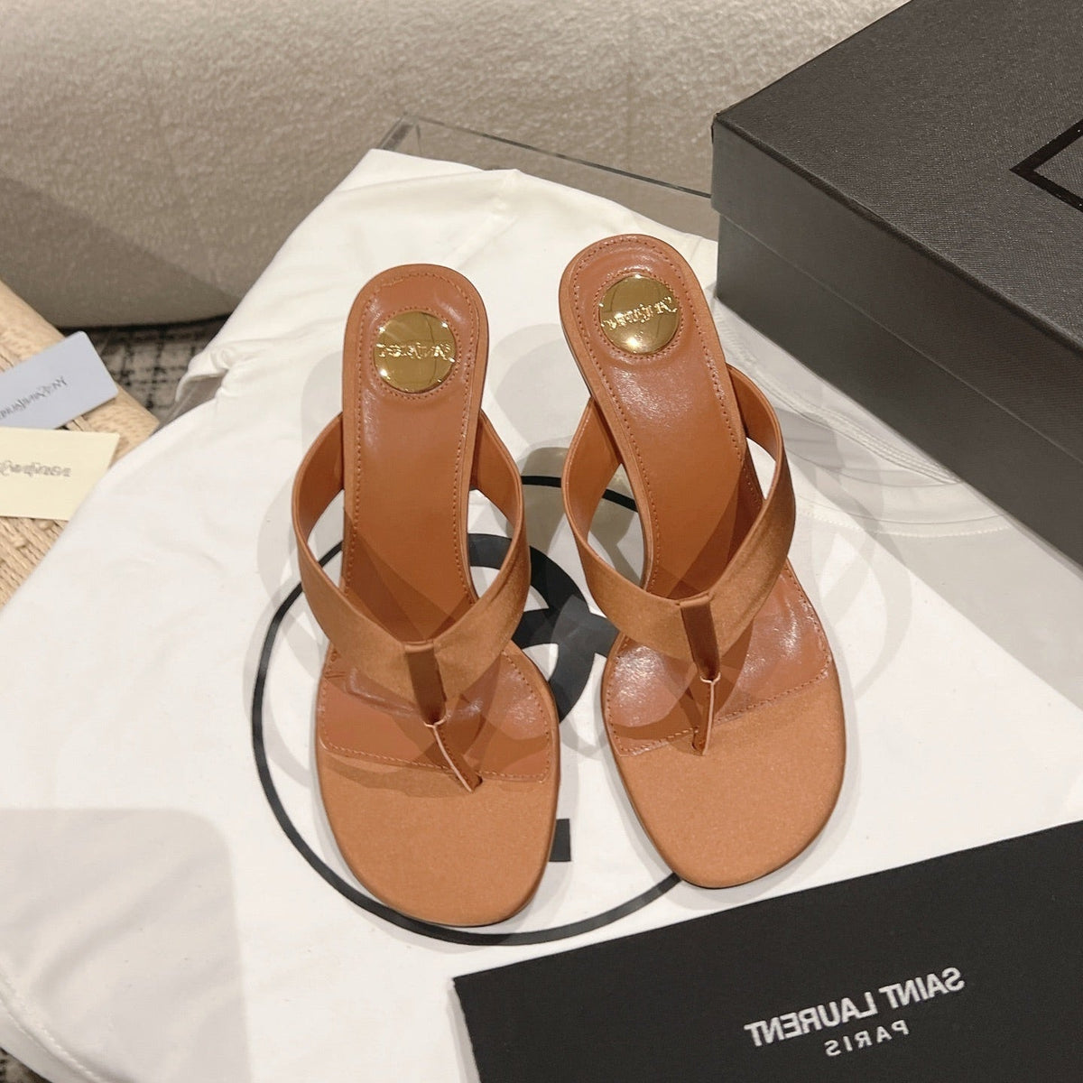 YSL 26S Heeled Thong Sandals 8.5cm Tan Brown Satin
