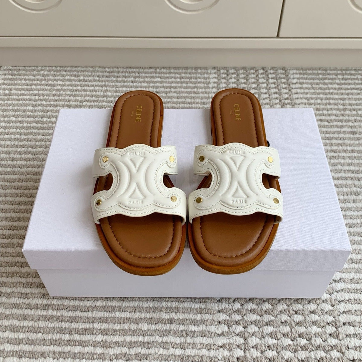 Celine 26s Triomphe Slide Sandals Ivory White Calfskin With Tan Brown Footbed 295138