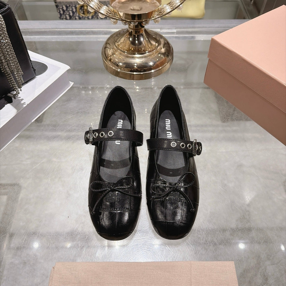 Miumiu 26S Mary Jane Flats Black Croc-Embossed Leather