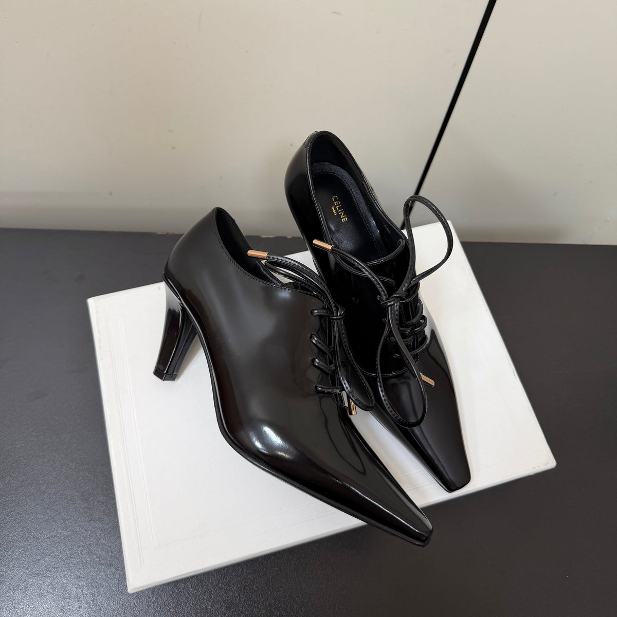 Celine 26s Lace Up Pointed Toe Pumps In Black Patent Calfskin