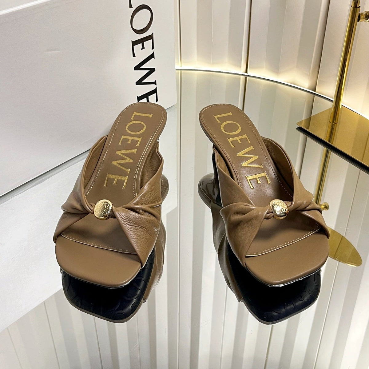 Loewe 26S Heeled Sandals 45 mm In Camel Brown Calfskin