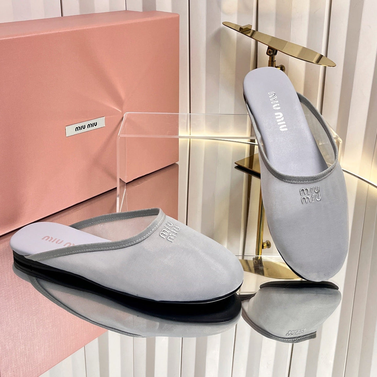 Miumiu 26S Flat Mules Grey Fabric And Leather