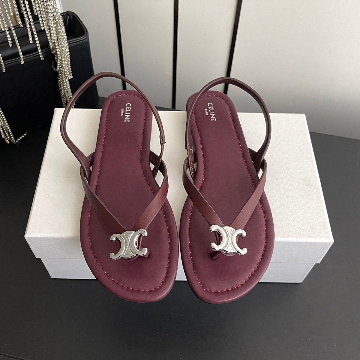 Celine 26s Thong Sandals Dark Red Calfskin 538164