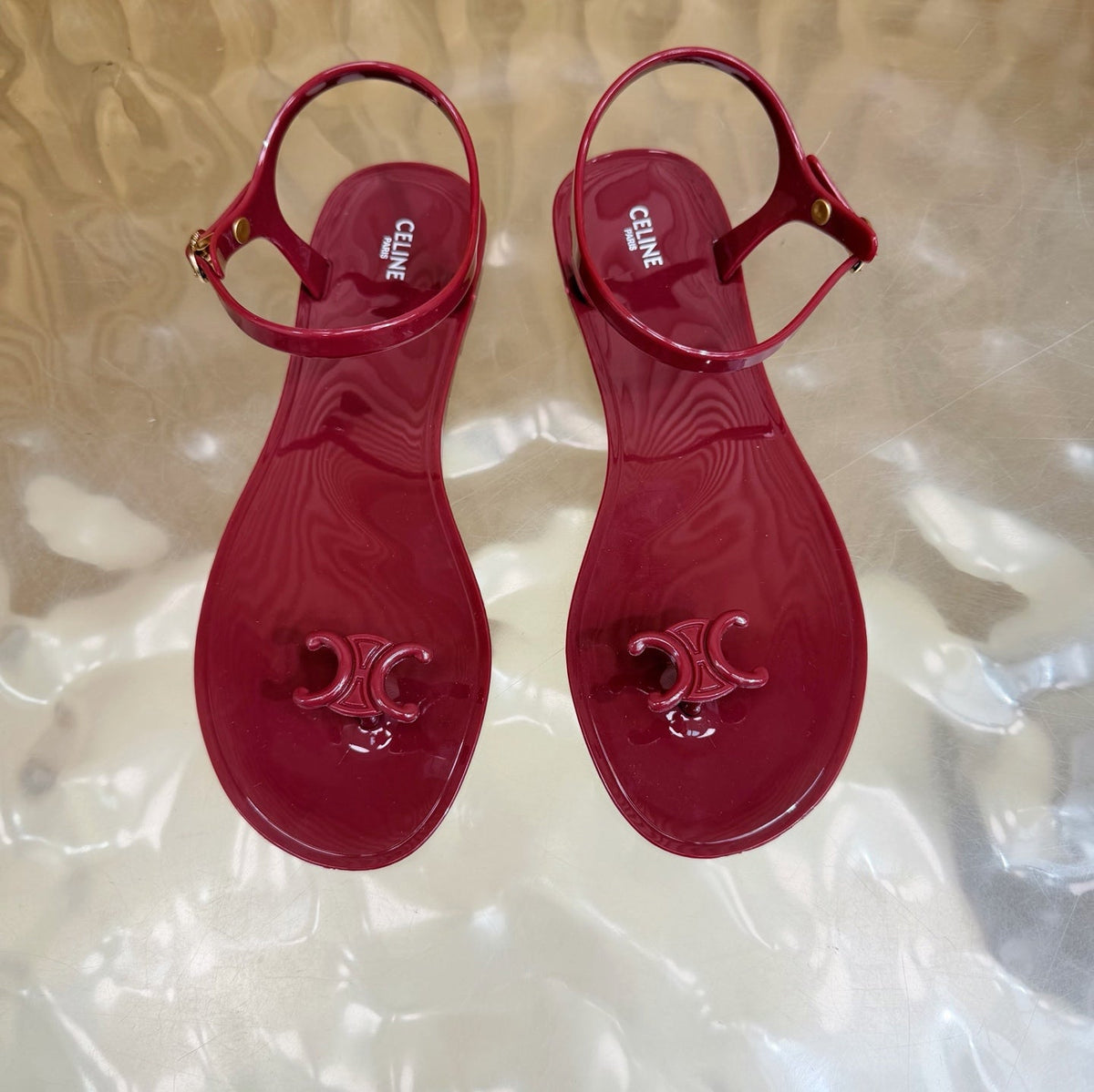 Celine 26s Triomphe Jelly Thong Sandals Burgundy Red TPU Gold Hardware 835219