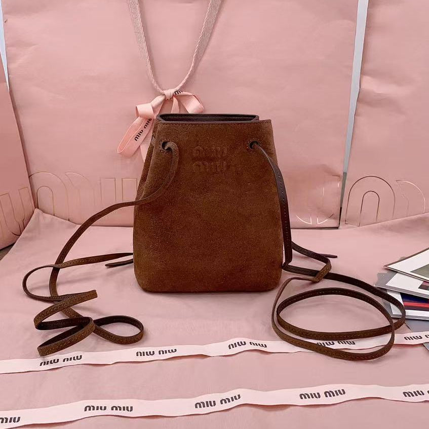 MiuMiu 2026 Mini Bucket Bag 17cm Brown Suede