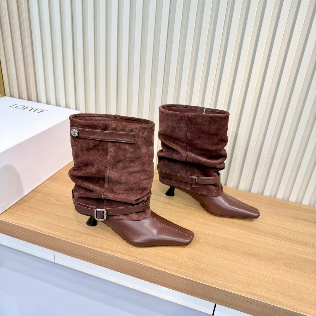 LW 26FW Slouchy Mid-Calf Boots Pointed Toe Kitten Heel Buckle Strap Suede Leather 147556