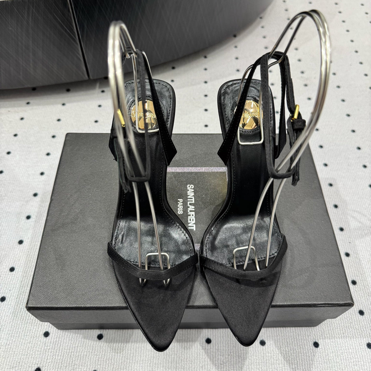 YSL 26S Metal-Capped Wedge Heels 10.5cm Black Satin