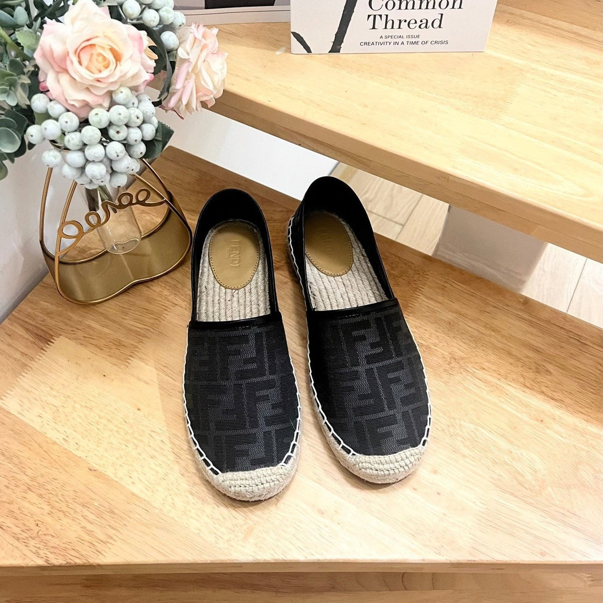 Fendi 26S Espadrille Loafers Black Canvas Style 5