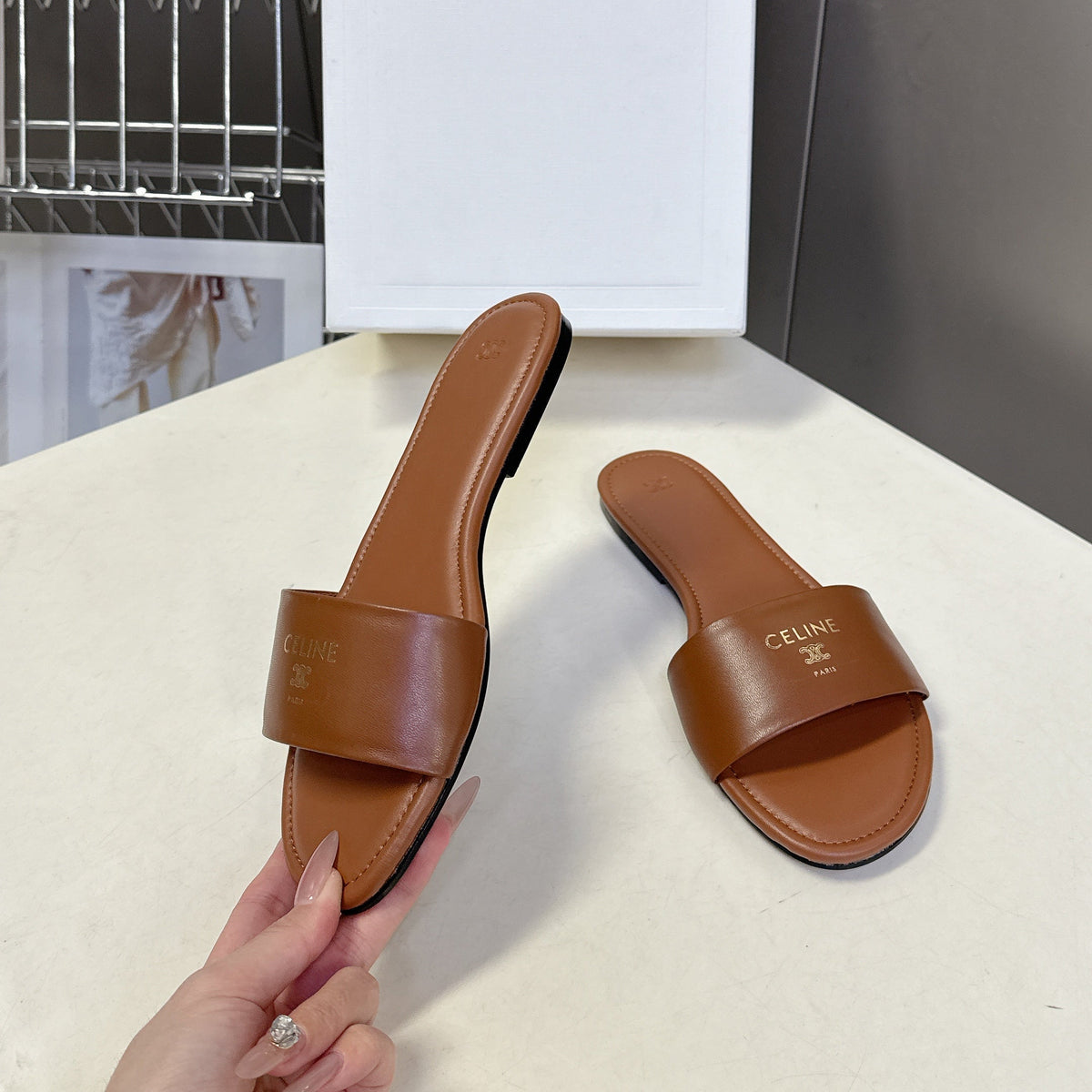 Celine 26s Flat Slides Caramel Brown Lambskin 714953