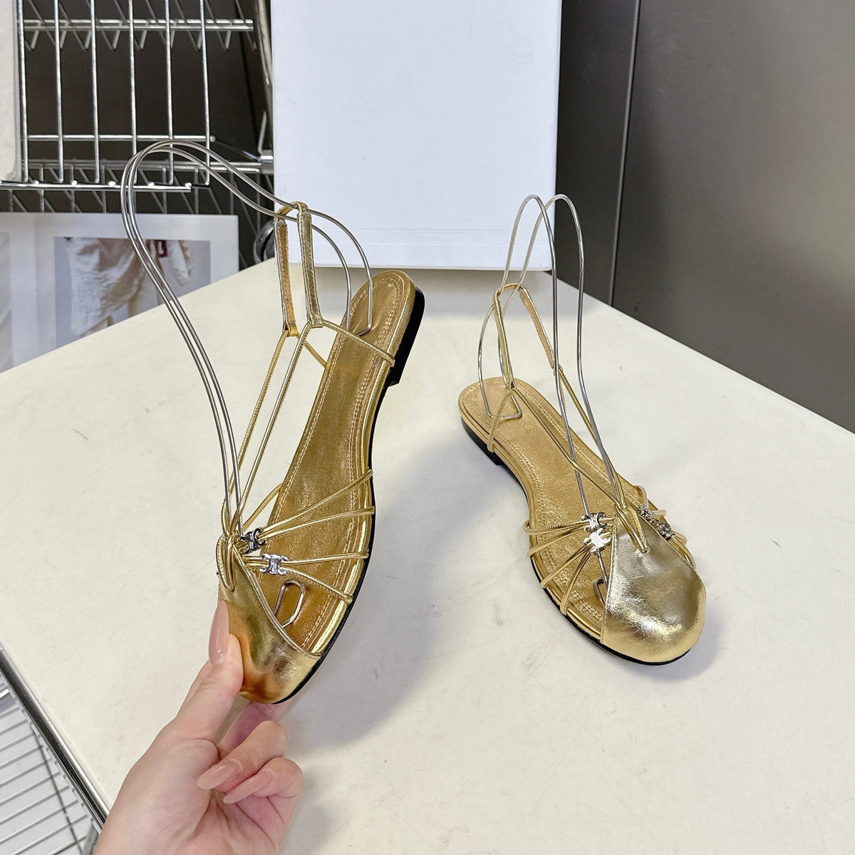Celine 26s Triomphe Lace Up Ankle Strap Flat Sandals Gold Calfskin 395168
