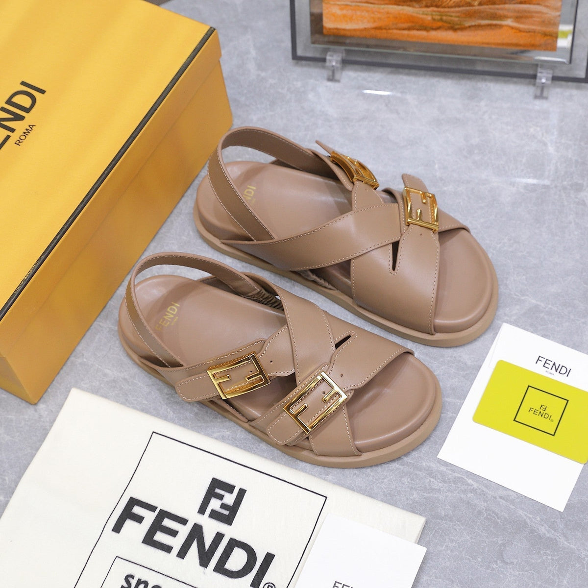Fendi 26S Flat Sandals Pale Beige Calfskin