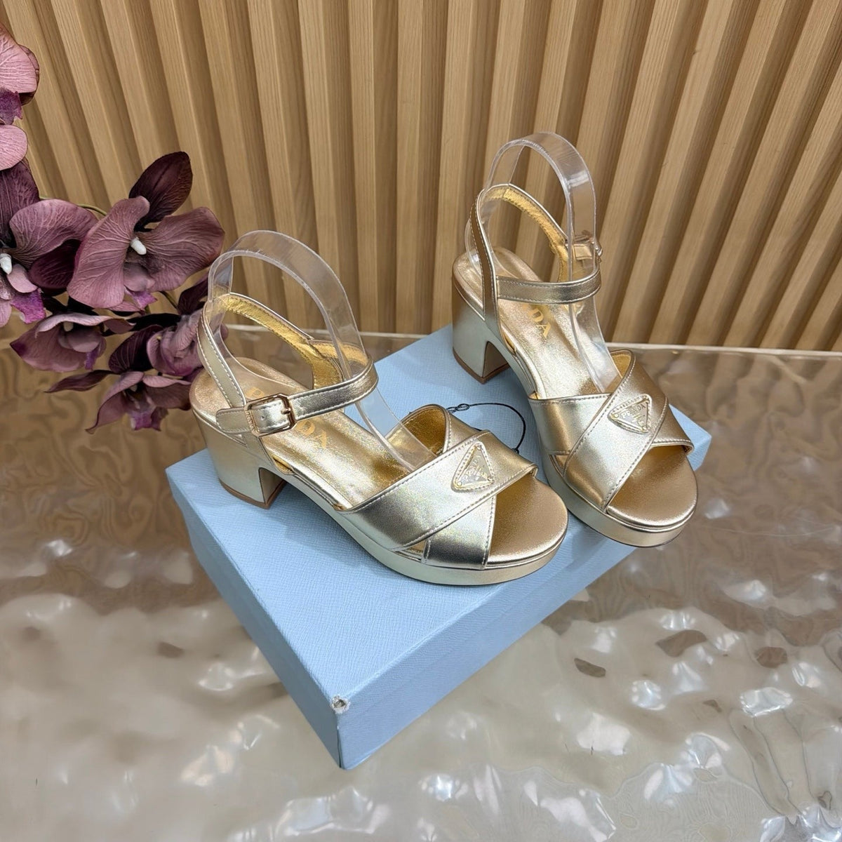 Prada 26S Block Heel Sandals 7.5cm Light Gold Calfskin