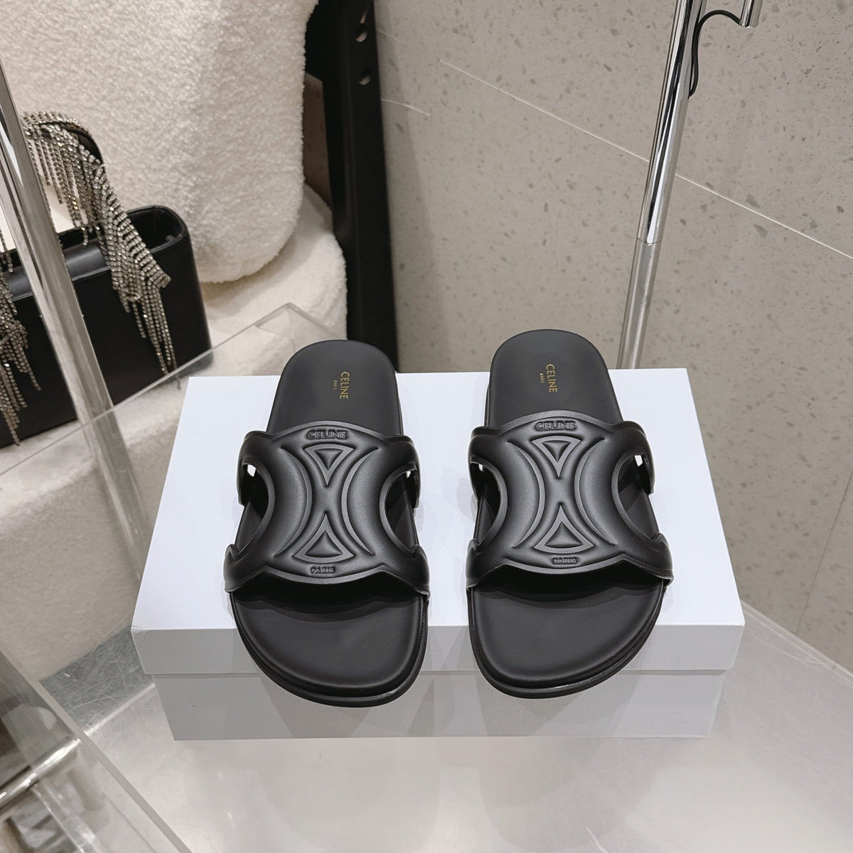 Celine 26s Triomphe Slides Black Calfskin 714052