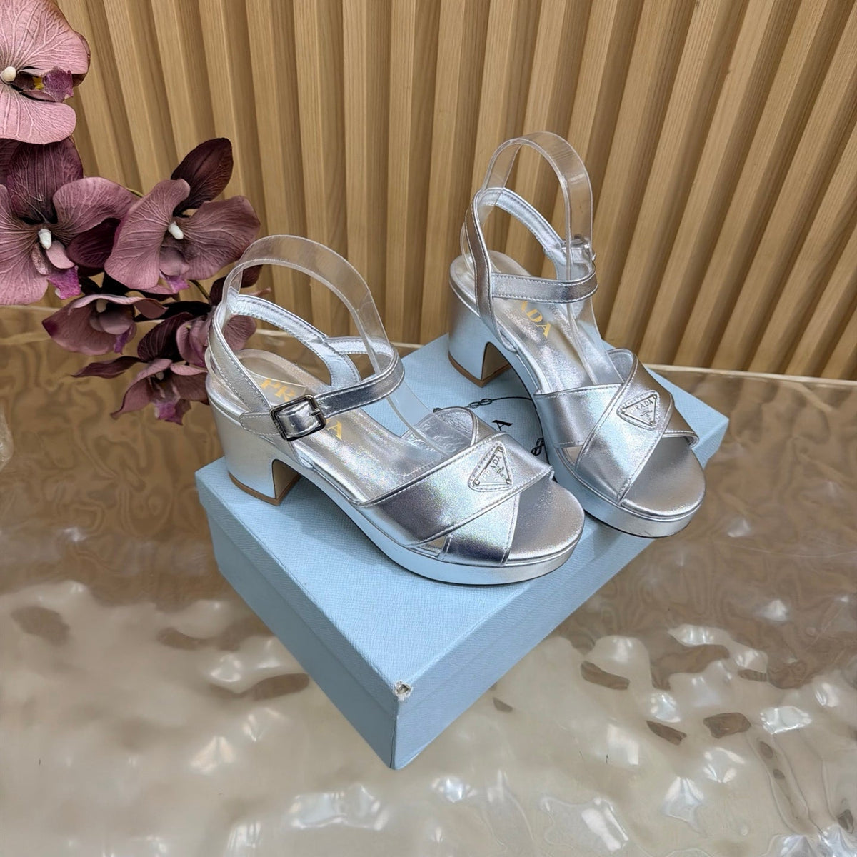 Prada 26S Block Heel Sandals 7.5cm Silver Calfskin