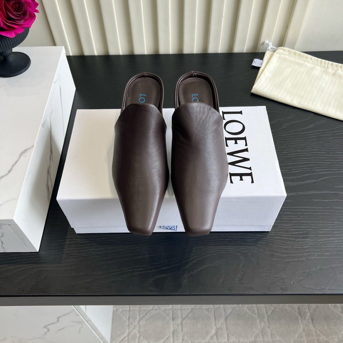 Loewe 26S Heeled Mules In Dark Brown Calfskin