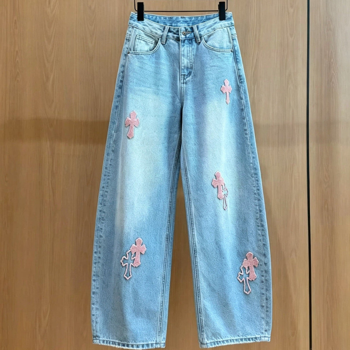 CH 26s Light Blue Pink Cross Patch Denim Wide-Leg Jeans 447670