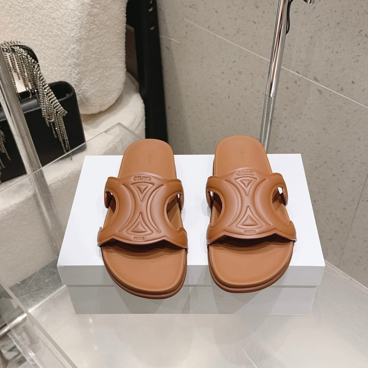 Celine 26s Triomphe Slides Brown Calfskin 394815