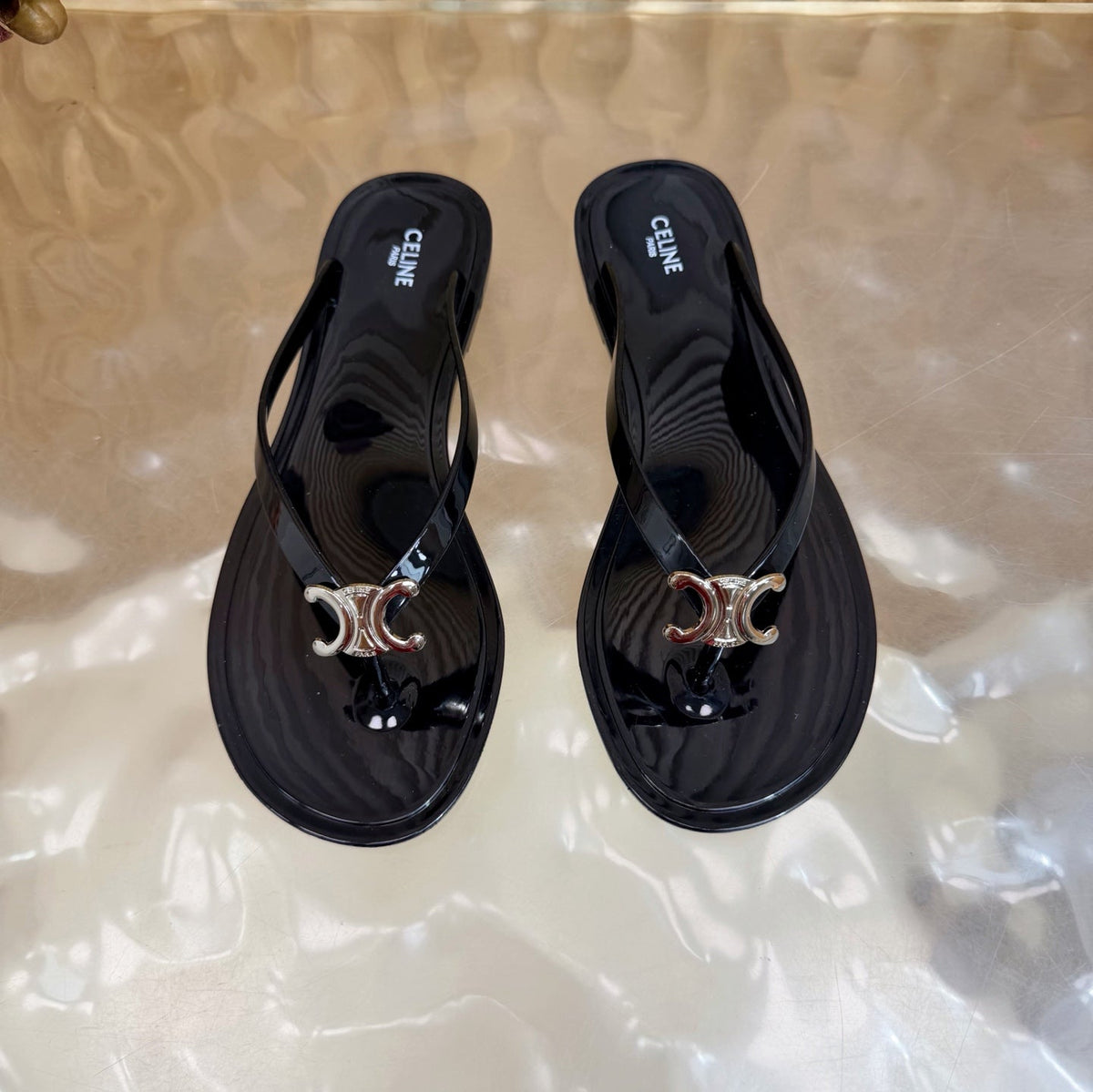 Celine 26s Triomphe Thong Sandals Black TPU Silver Hardware 836154