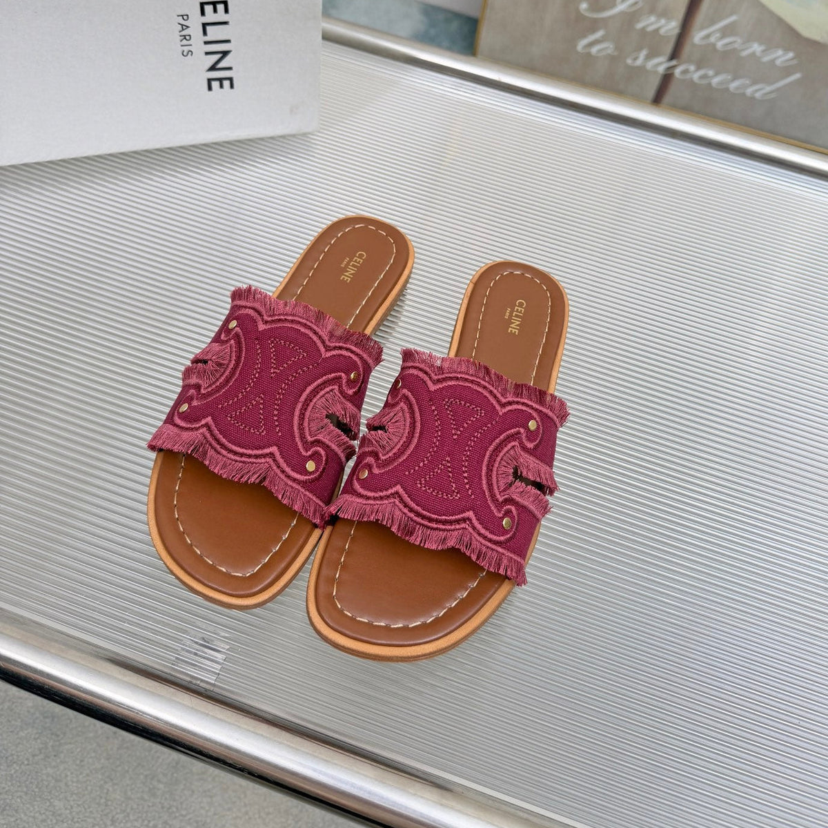 Celine 26s Triomphe Slide Sandals Berry Pink Canvas 415832