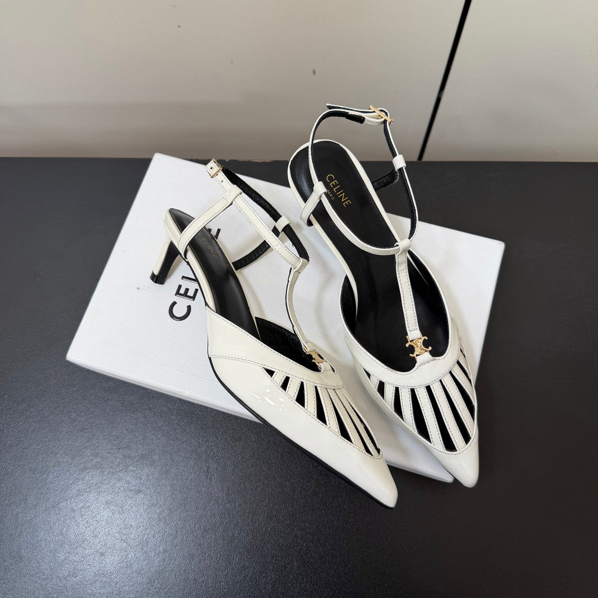 Celine 26s Triomphe T-Strap Slingback Pumps In White Patent Calfskin