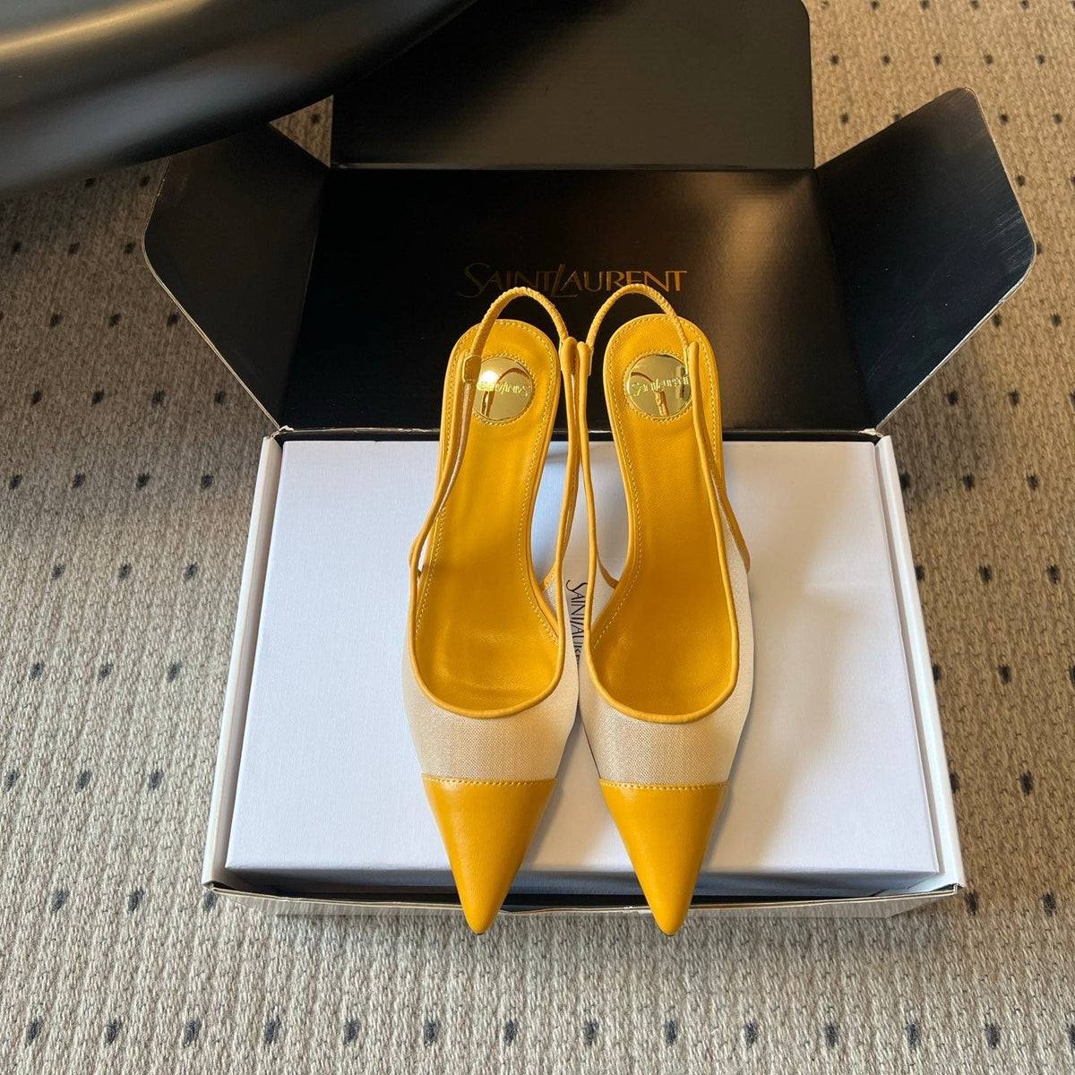 YSL 26S Heeled Slingbacks 6cm Mustard Yellow Lambskin And Beige Mesh