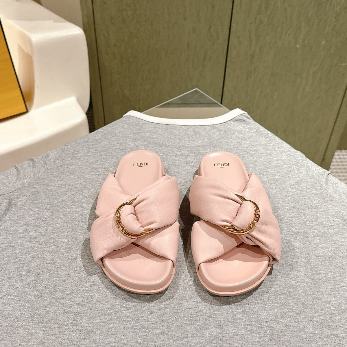 Fendi 26S Wide Cross-Strap Sandals Light Pink Lambskin