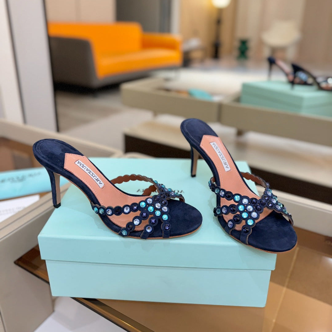 Aquazzura 26S Tequila Heeled Sandals 8.5cm Navy Blue Suede