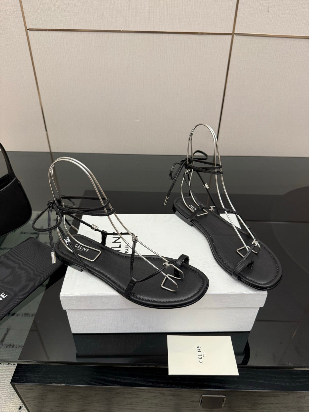 Celine 26s Triomphe Lace Up Flat Sandals Black Calfskin 852936
