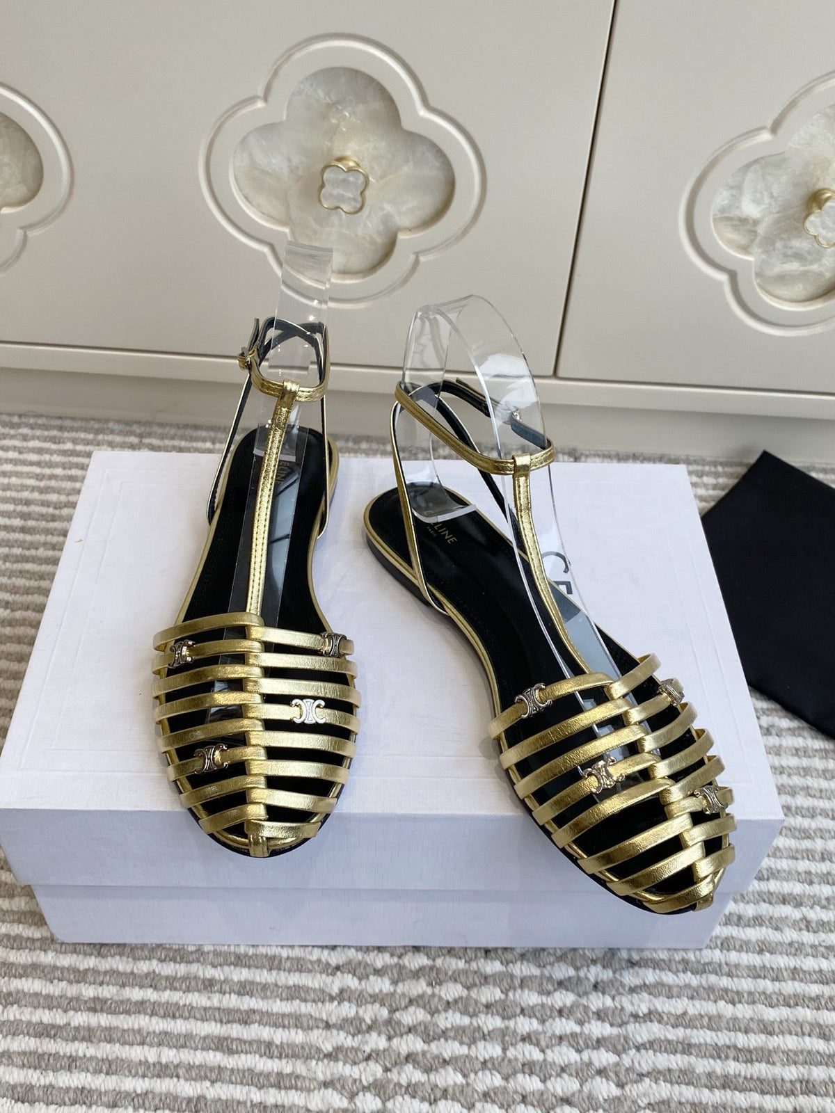 Celine 26s Clea Triomphe Gladiator Sandals Gold Lambskin 629148