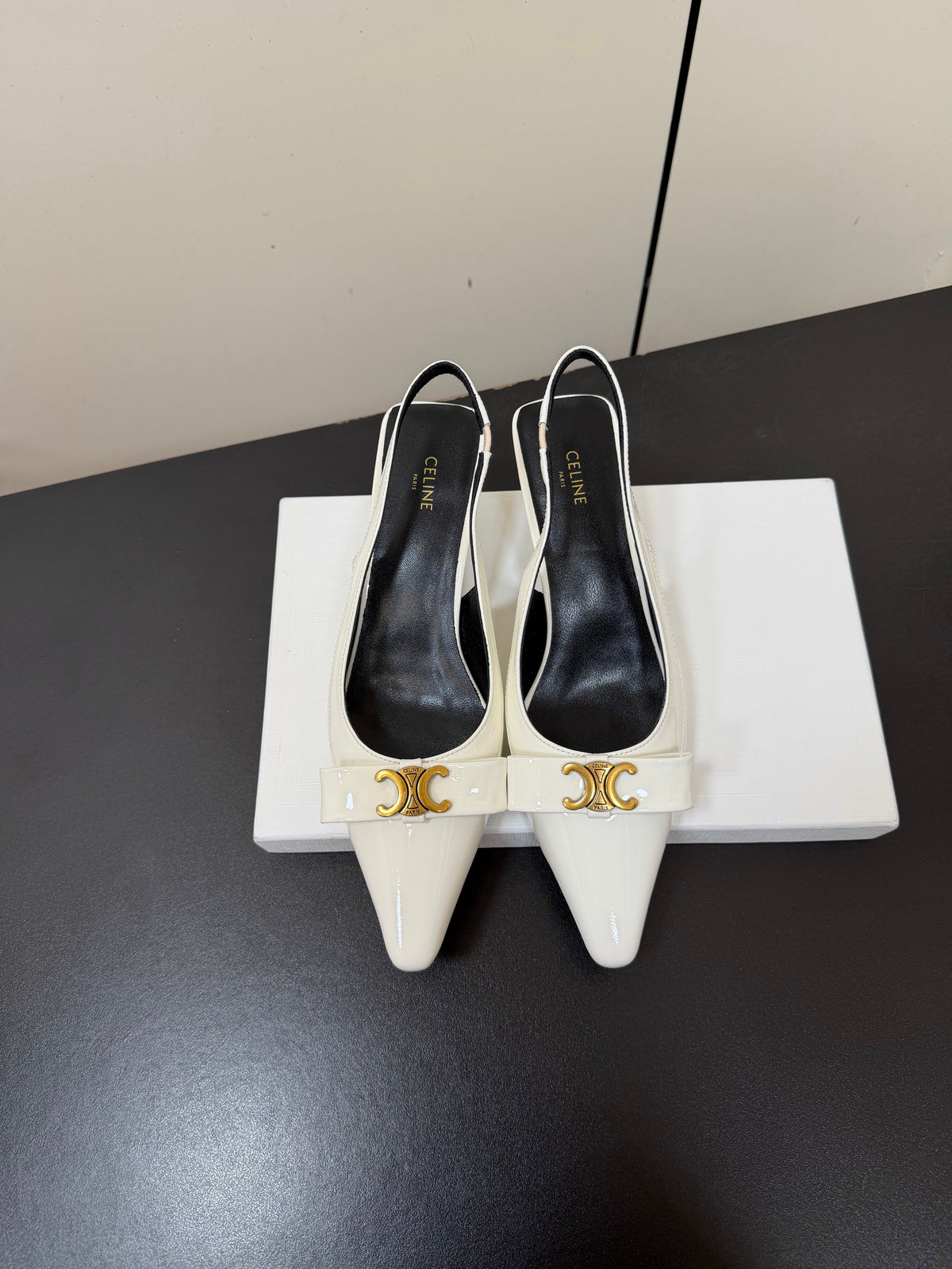 Celine 26s Triomphe Slingback Pumps In White Patent Calfskin Gold Hardware
