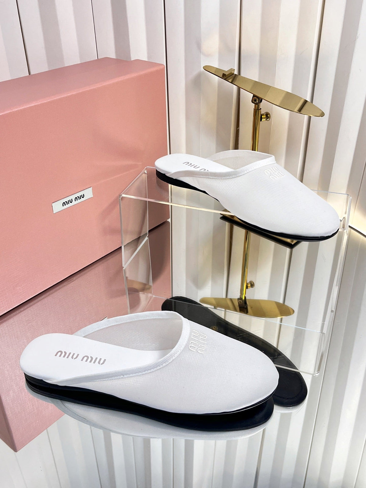 Miumiu 26S Flat Mules White Fabric And Leather