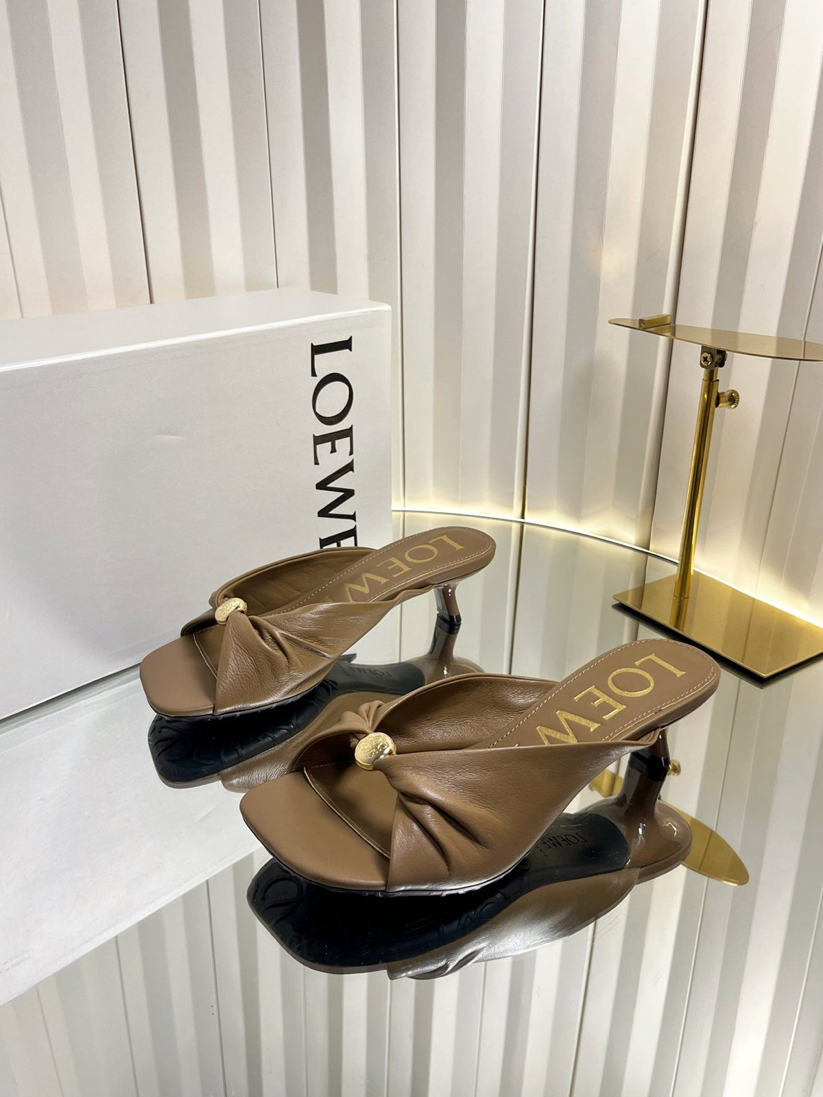 Loewe 26S Heeled Sandals 45 mm In Camel Brown Calfskin