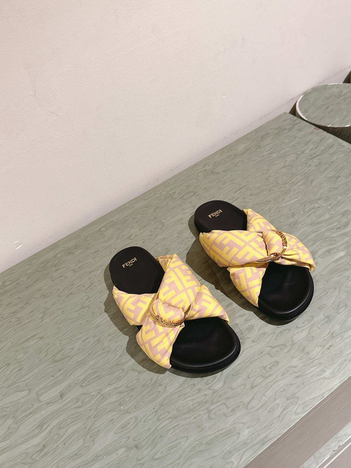 Fendi 26S Wide Cross-Strap Sandals Yellow Fabric