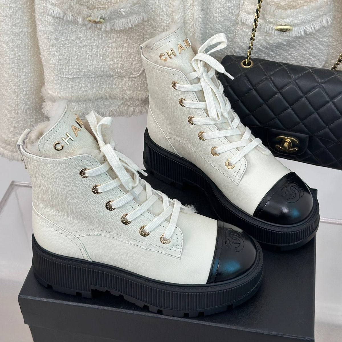 Chanel 2026 Lace-Up Ankle Boots 50mm Leather Wool 188600