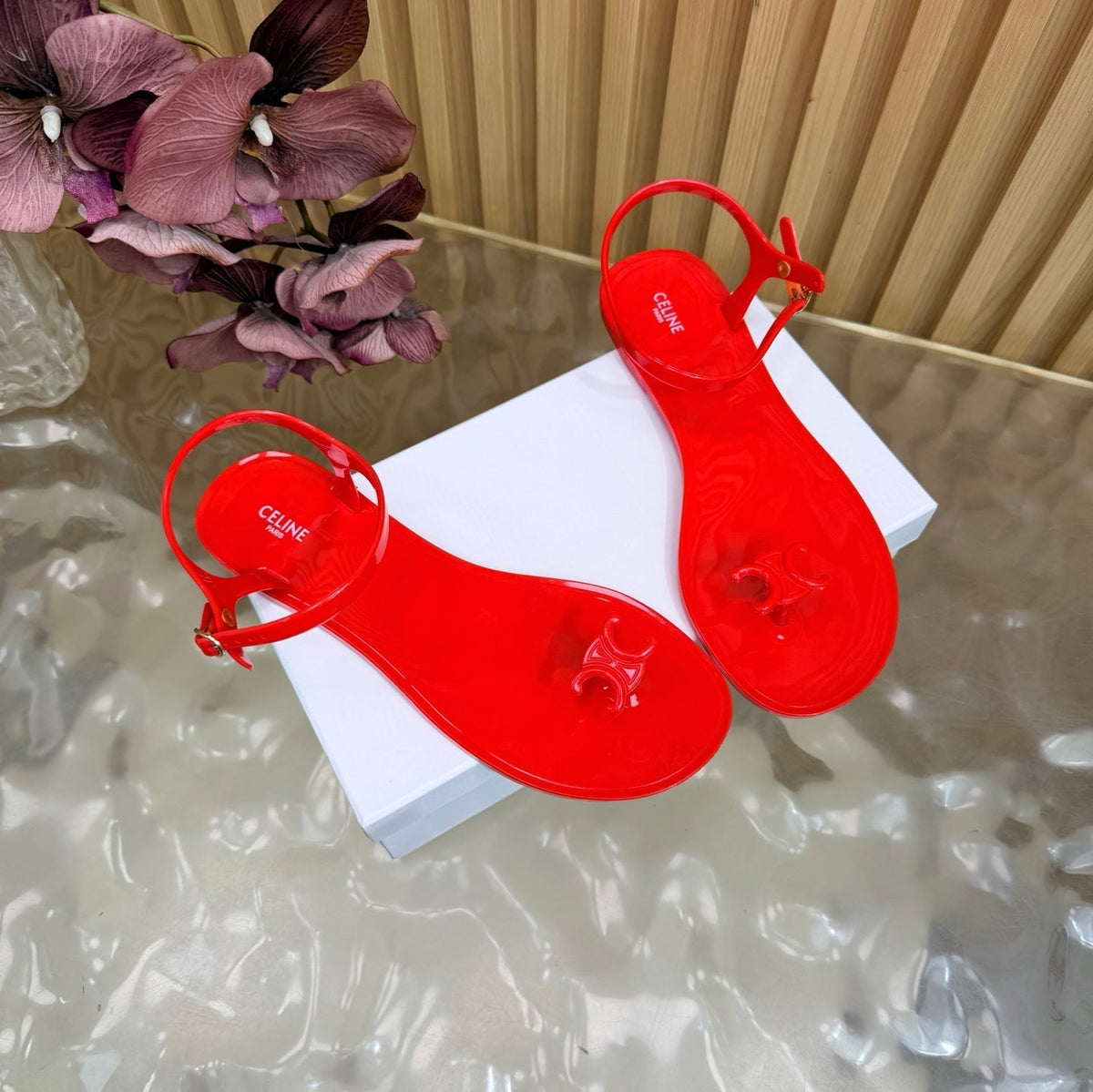 Celine 26s Triomphe Jelly Thong Sandals Bright Red TPU Gold Hardware 742519