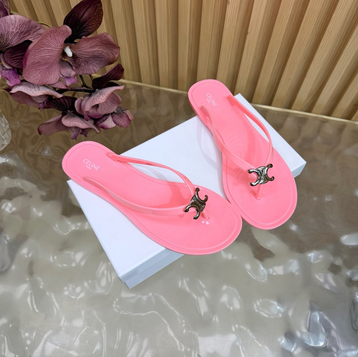 Celine 26s Triomphe Thong Sandals Pink TPU Silver Hardware 158392