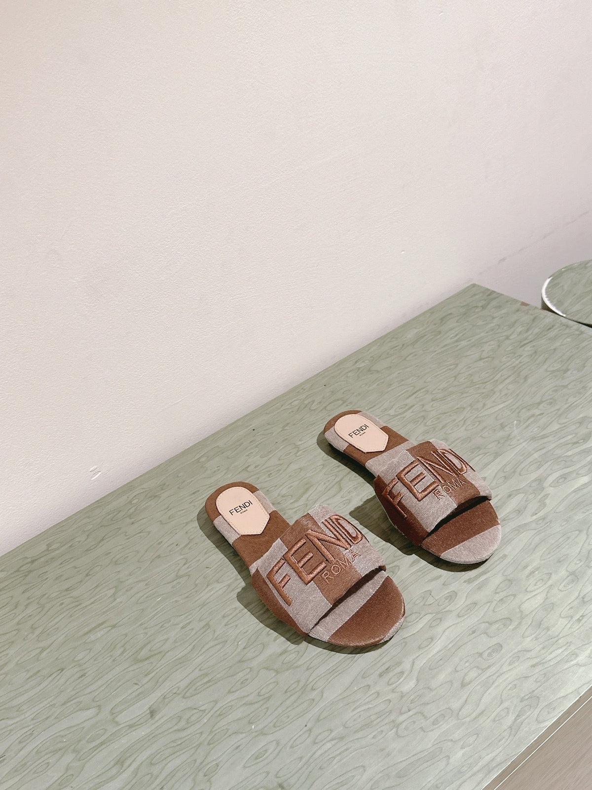 Fendi 26S Slide Sandals Beige And Brown Canvas