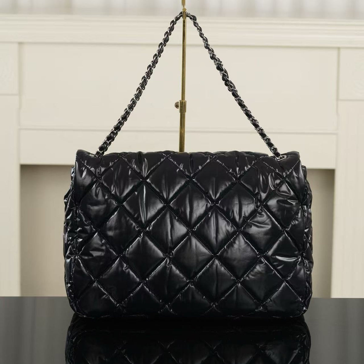CC 26FW Coco Neige Maxi Flap Bag 38cm Black Glossy Nylon