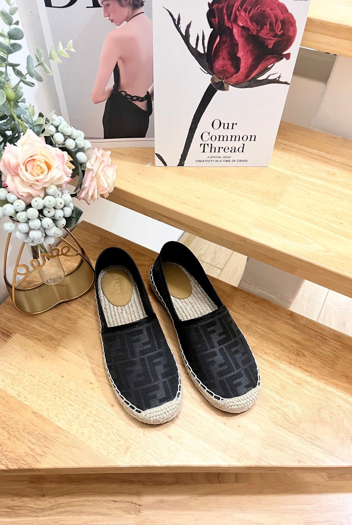 Fendi 26S Espadrille Loafers Black Canvas Style 5