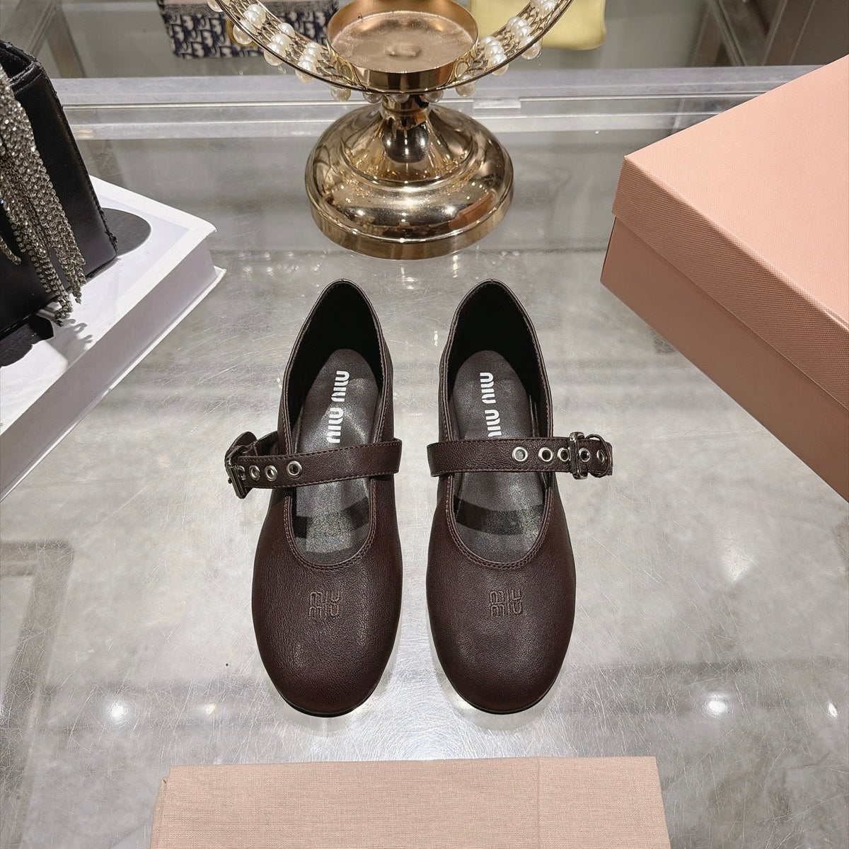 Miumiu 26S Mary Jane Flats Dark Brown Lambskin