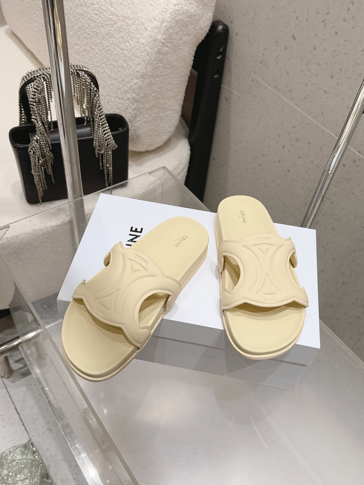 Celine 26s Triomphe Slides Pastel Yellow Calfskin 538194
