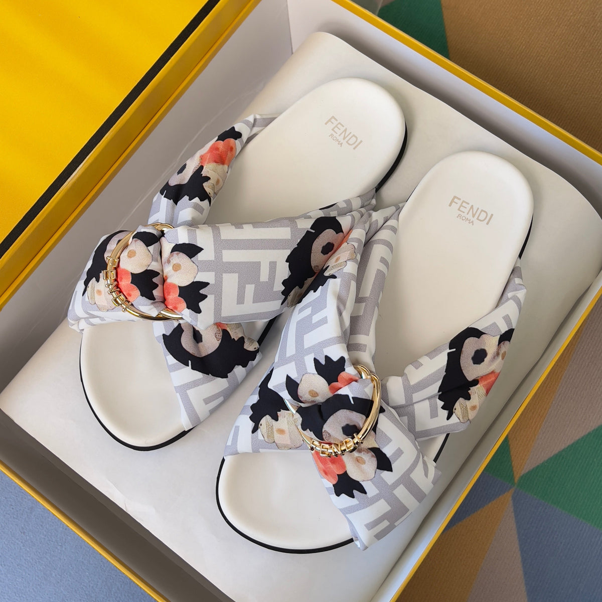 Fendi 26S Patterned Cross-Strap Slide Sandals Multicolor Fabric